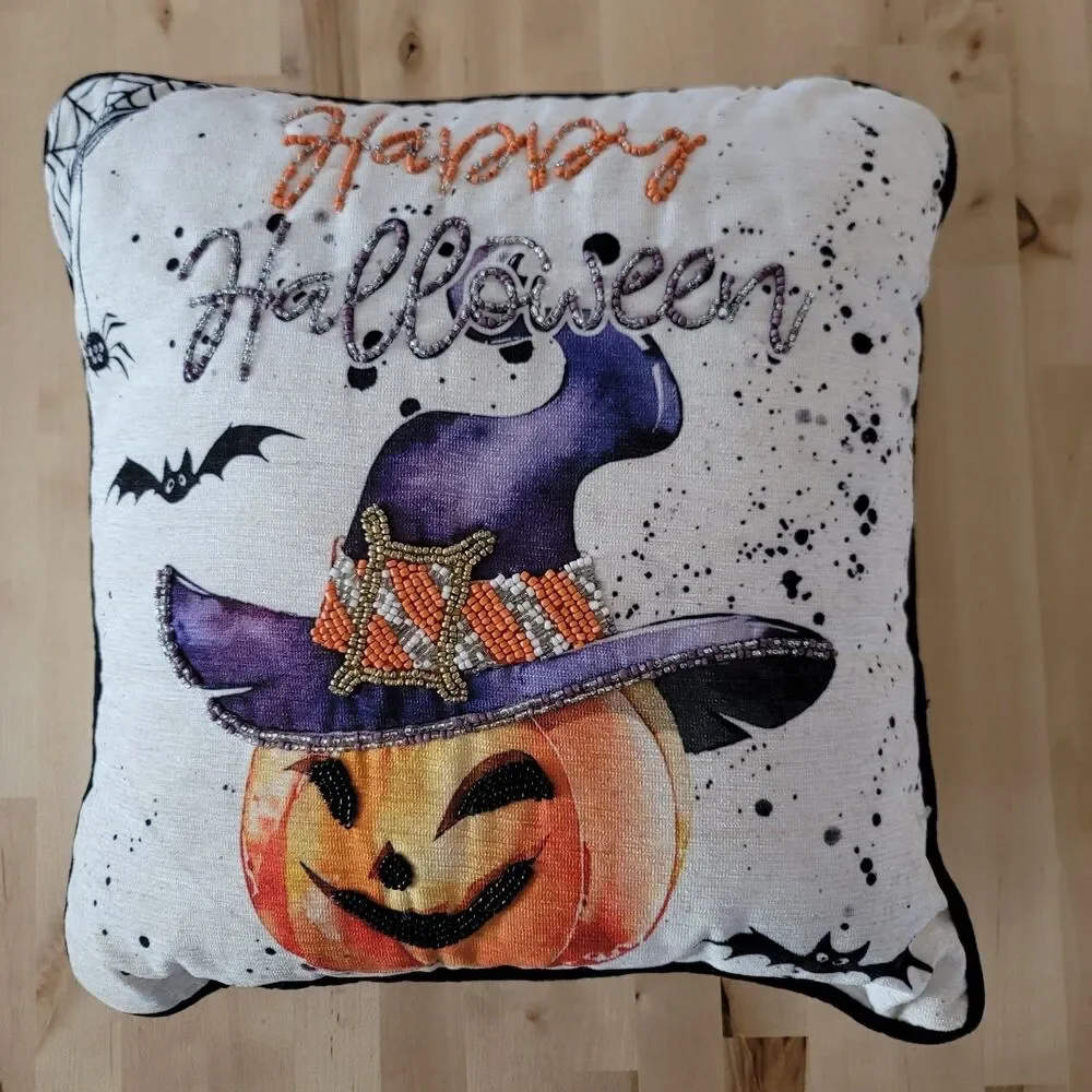 Halloween White Embellished Throw Pillow 14.5 x 14.5 Beaded Witch Hat Pumpkin
